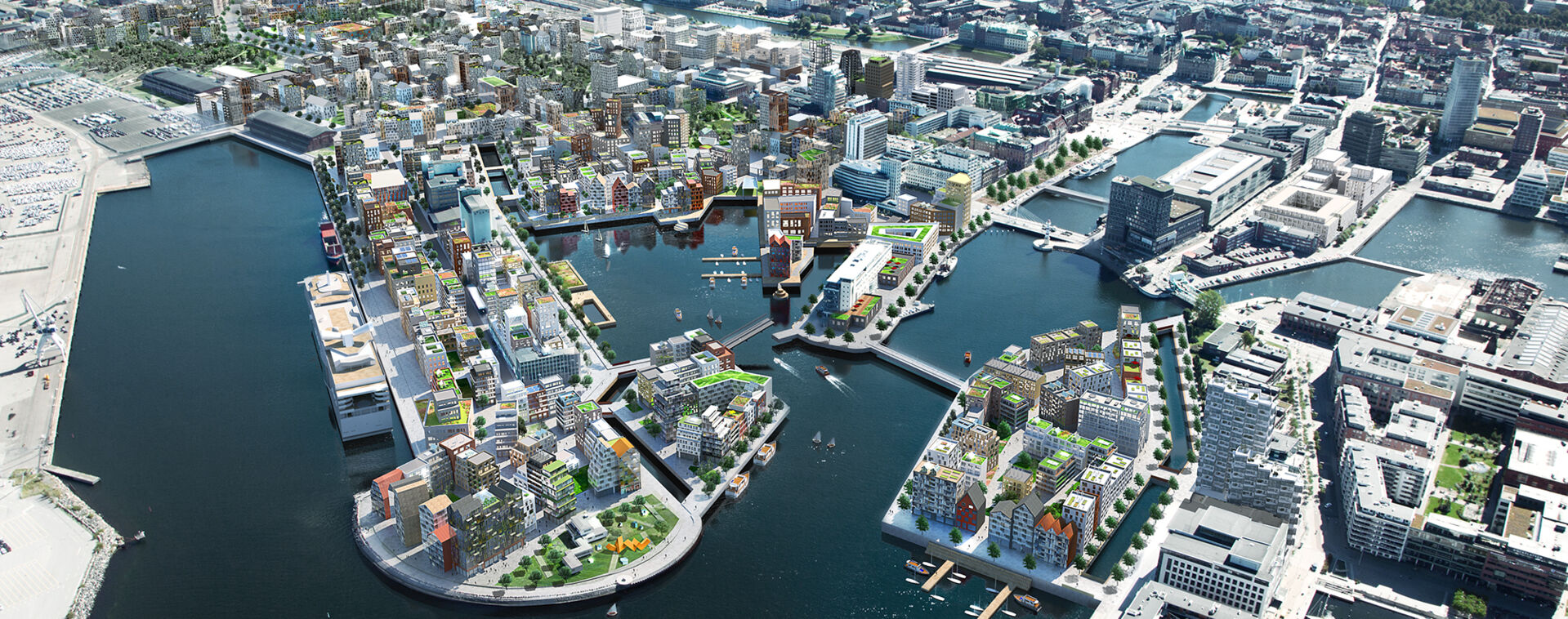 Visionsbild över Malmös nya stadsdel Nyhamnen. Foto: Malmö stad.